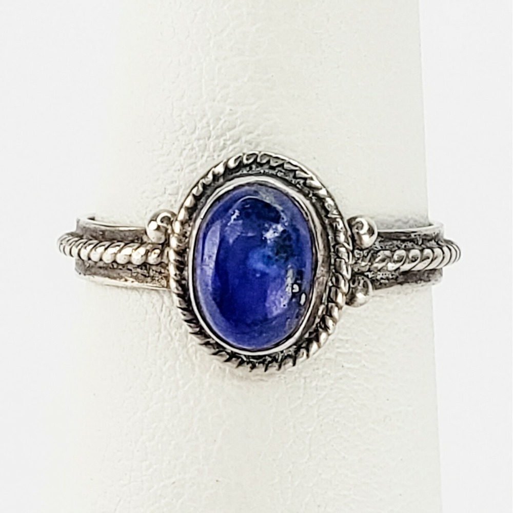 Vintage 925 Sterling Silver Lapis Cabochon Solitaire Braid Design Size‎ 5.5 Ring